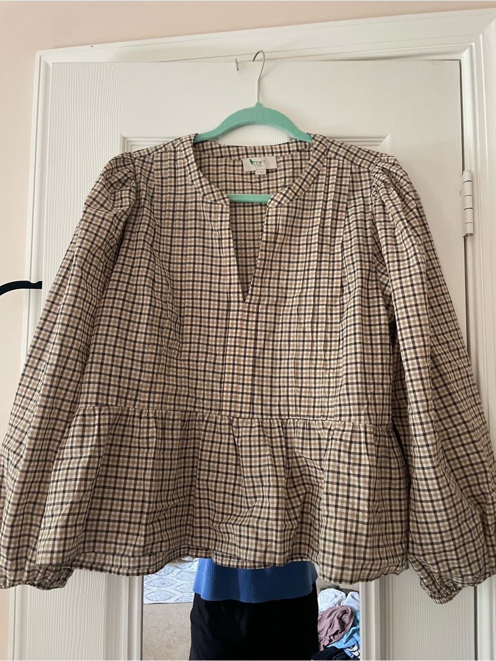 LOFT Plaid Peplum Top with Subtle Dark Grid